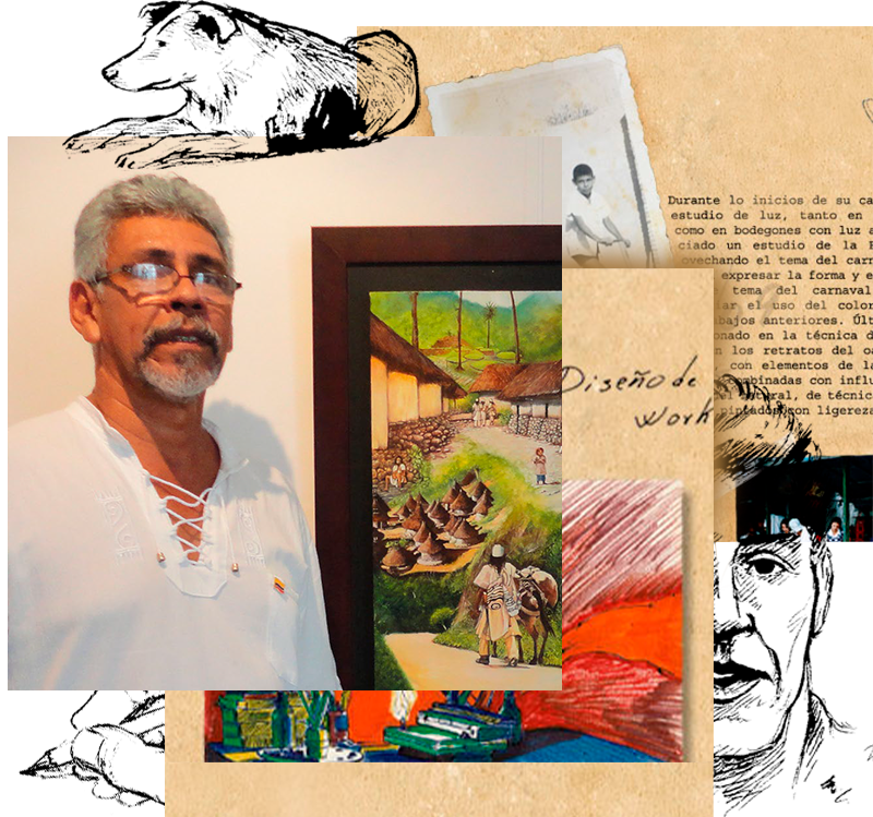 Antonio De Alba junto a sus pinturas y dibujos