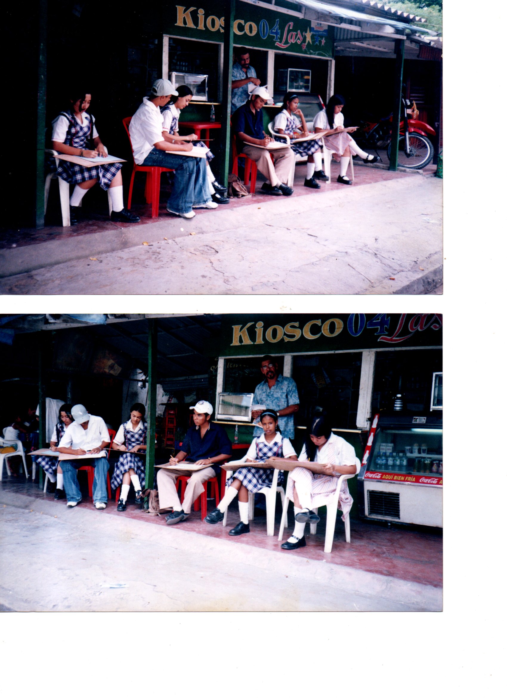 Fotografías de artistas dibujando y reunidos frente al Kiosco